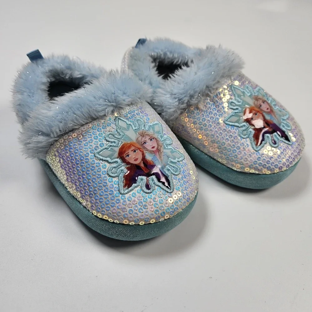 Disney Frozen 2 Girls Slippers Size 9/10 Elsa Anna Toddler Plush Sequin Faux Fur